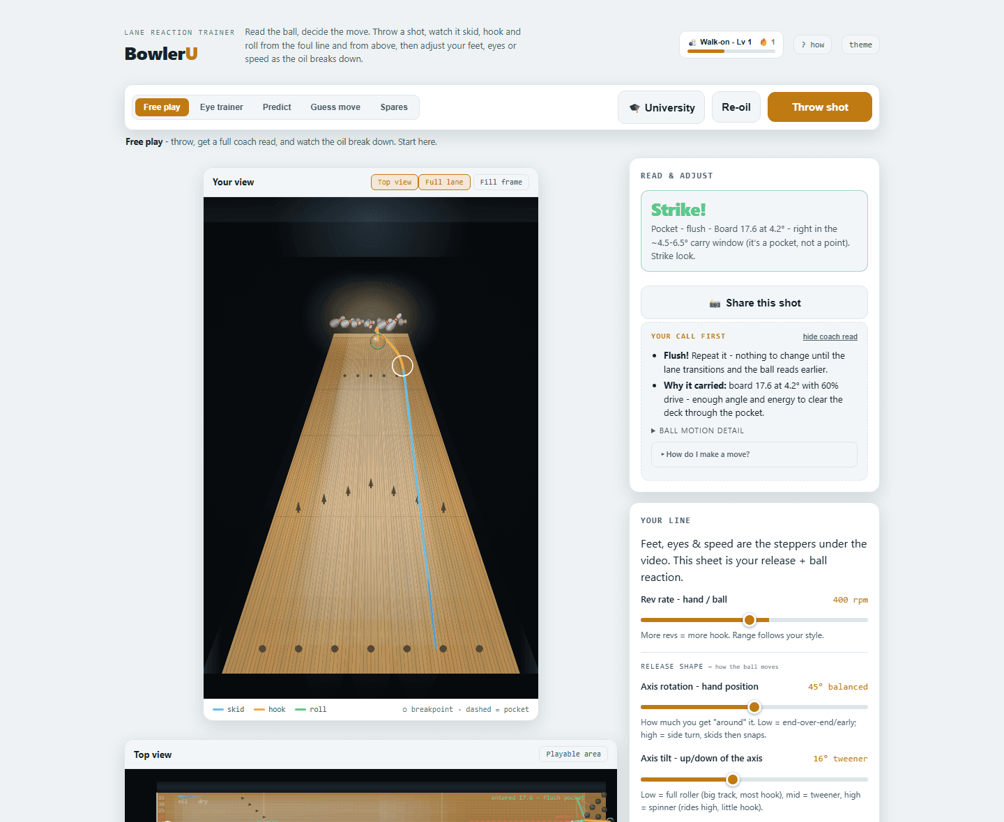 BowlerU — free play, full coach read on a thrown shot
