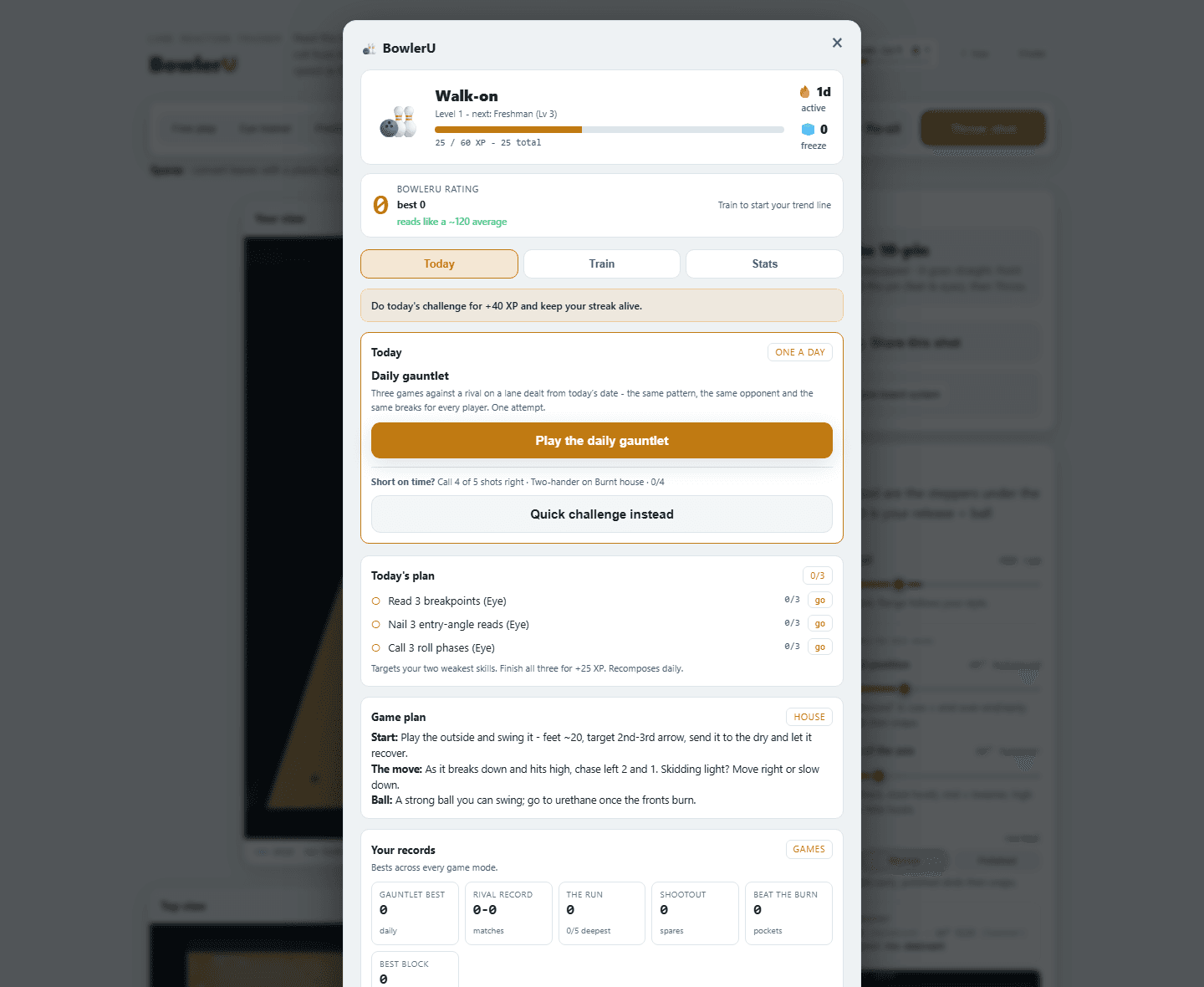 BowlerU — University: daily gauntlet, plan and ranks